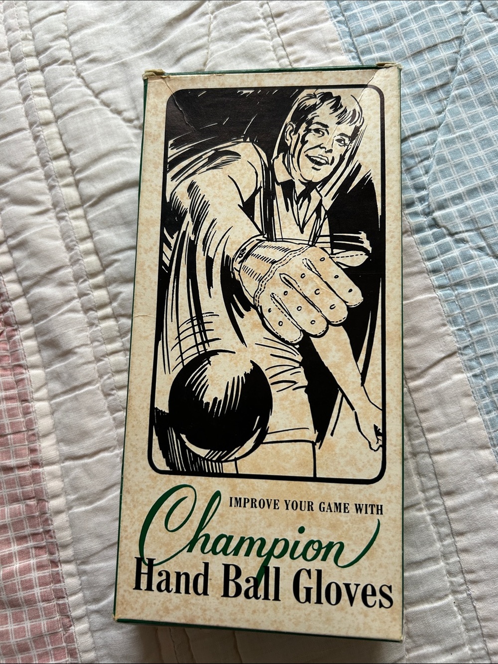 1950s Champion Hand Ball Gloves in Green and Black Box Art